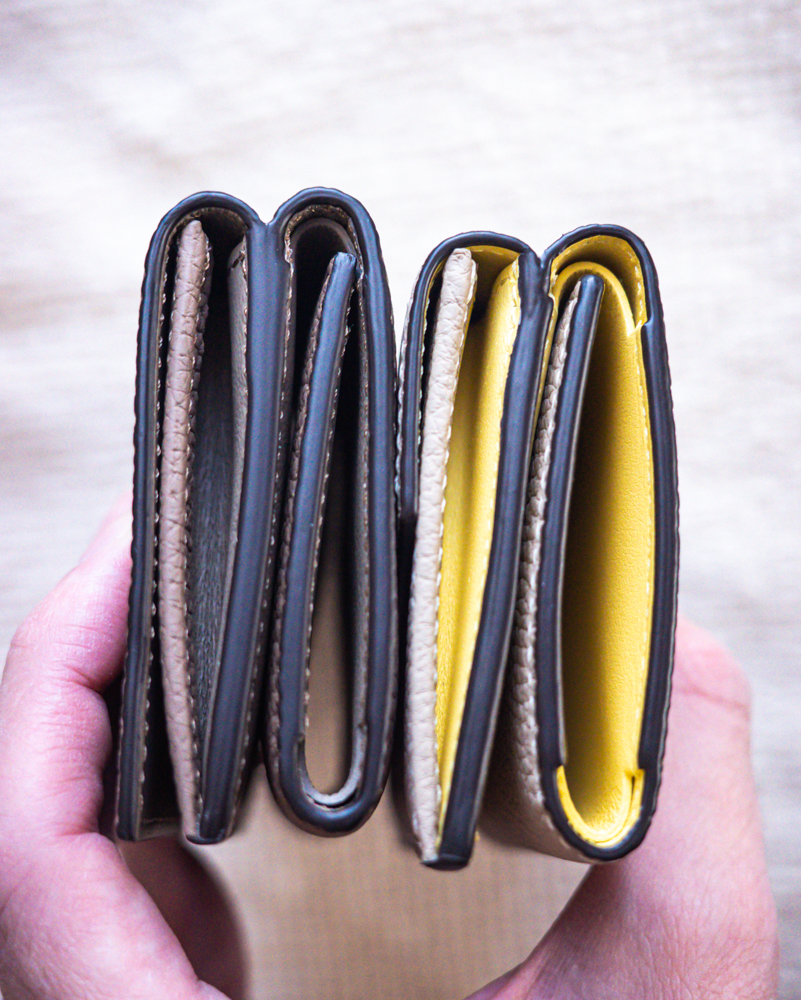 BONAVENTURA（ボナベンチュラ）三つ折り財布とメンズ三つ折り財布との厚さの比較